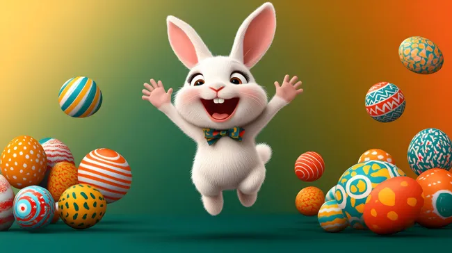 Glücklicher Osterhase hüpft mit bunten Eiern