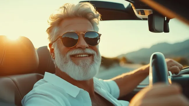 Glücklicher Rentner genießt Cabrio-Fahrt bei Sonnenuntergang