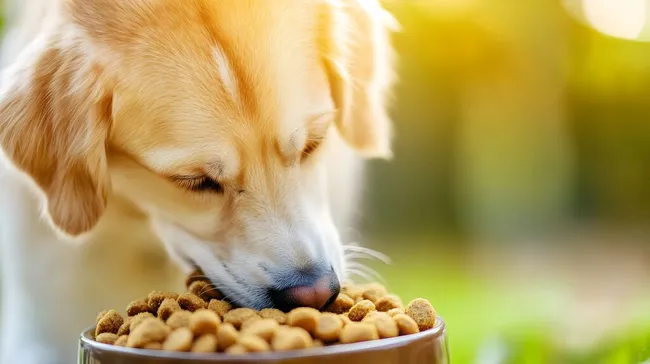 Glücklicher Retriever genießt gesundes Hundenassfutter im Freien