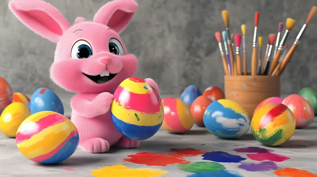 Glücklicher rosa Osterhase malt bunte Ostereier