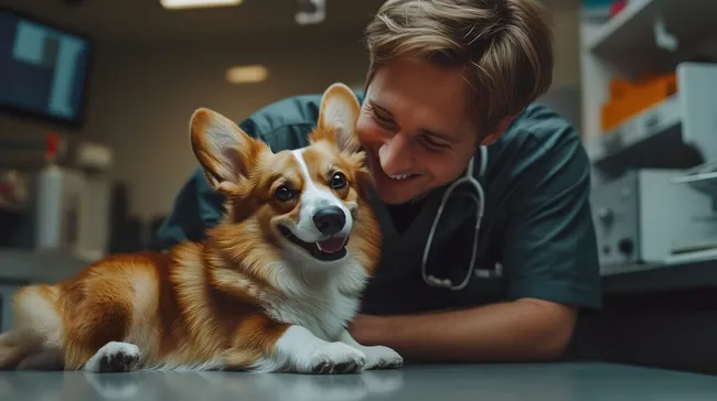 Glücklicher Tierarzt kuschelt mit Corgi-Hund