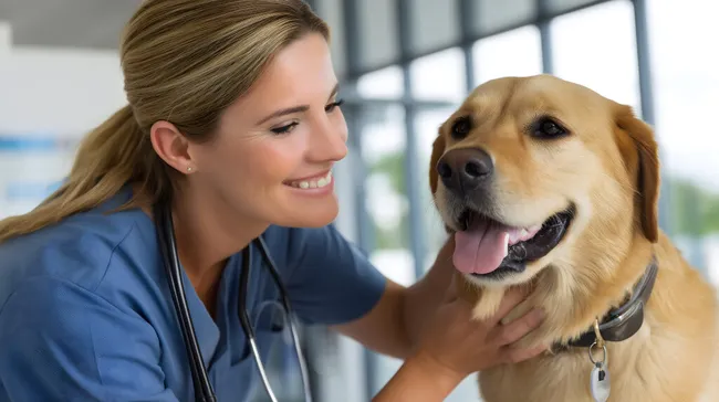 Glücklicher Tierarzt mit Golden Retriever in der Praxis