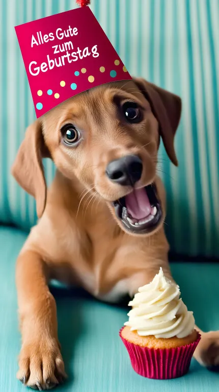 Glücklicher Welpe feiert Geburtstag mit Cupcake