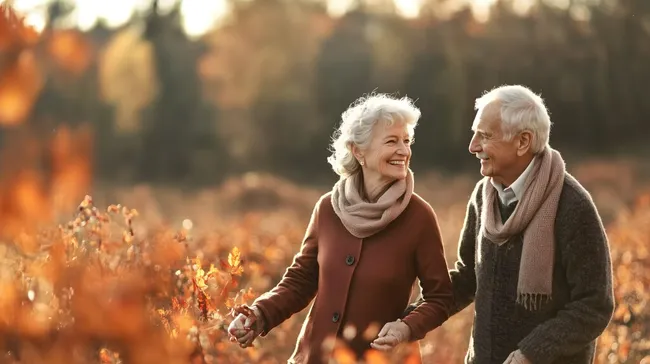 Glückliches älteres Paar beim Herbstspaziergang