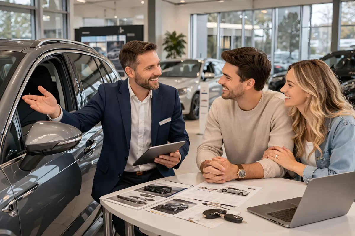 Glückliches Autohausverkaufsteam berät Kunden
