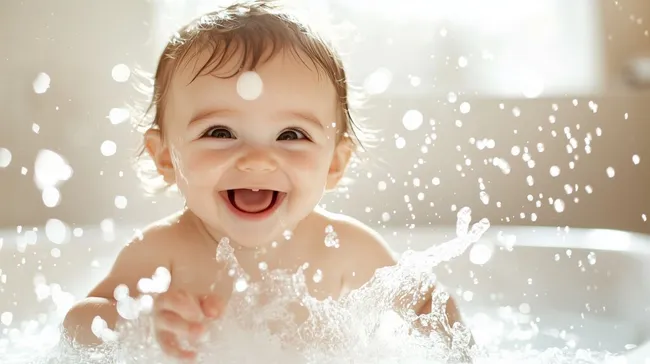 Glückliches Baby beim Baden im Planschbecken