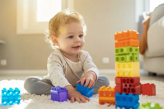 Glückliches Baby spielt mit bunten Bauklötzen