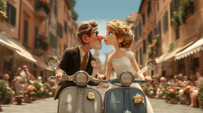 Glückliches Brautpaar auf Vespa in italienischer Gasse