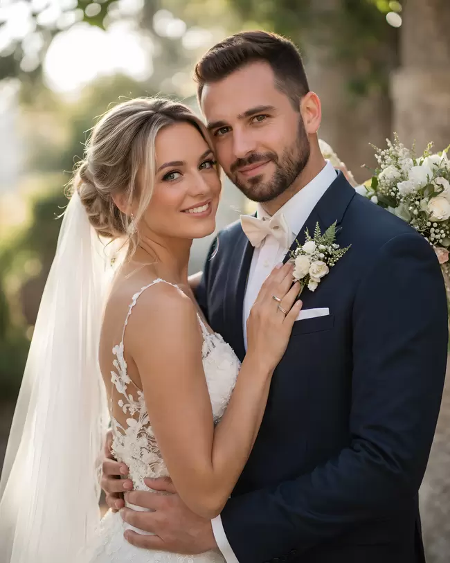 Glückliches Brautpaar lächelt inmitten einer idyllischen Hochzeit