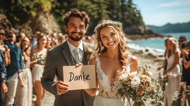 Glückliches Hochzeitspaar am Strand mit Dankesschild