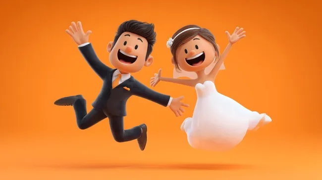 Glückliches Hochzeitspaar in fröhlicher Jubelpose