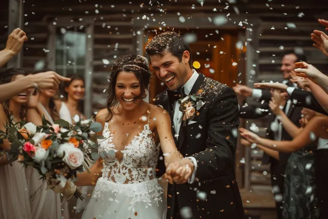 Glückliches Hochzeitspaar unter Konfetti