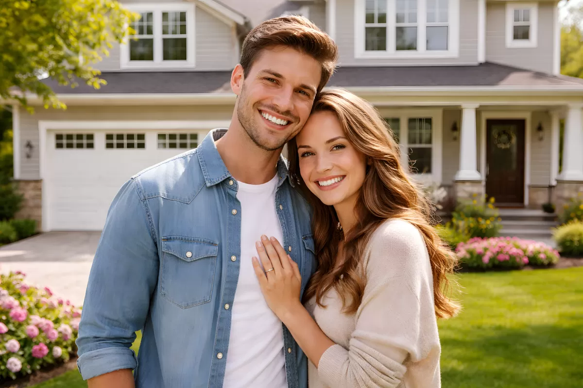 Glückliches junges Paar vor neuem Eigenheim