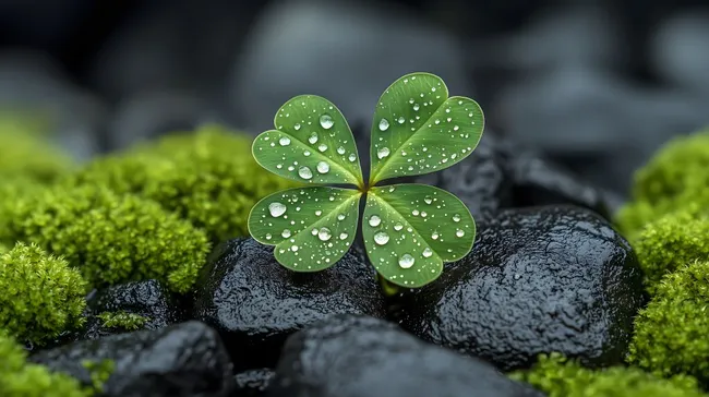 Glückliches Kleeblatt mit Regentropfen auf Steinen