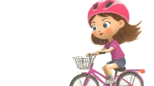 Glückliches Mädchen fährt Fahrrad mit Helm und Korb