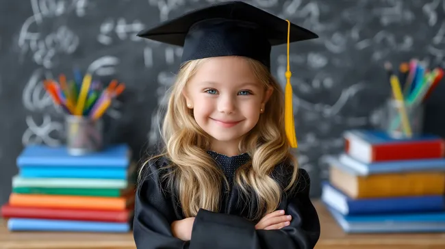 Glückliches Mädchen in Abschlusskleidung vor Kreidetafel