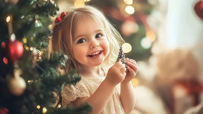 Glückliches Mädchen mit Weihnachtsschmuck