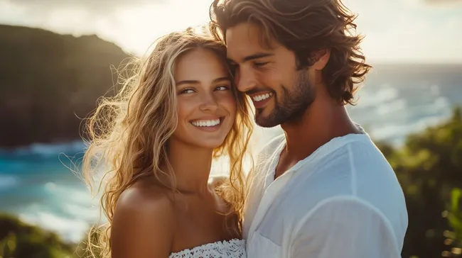 Glückliches Paar am Strand bei Sonnenuntergang