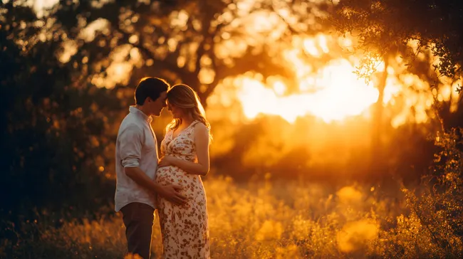 Glückliches Paar bei Sonnenuntergang in Naturlandschaft