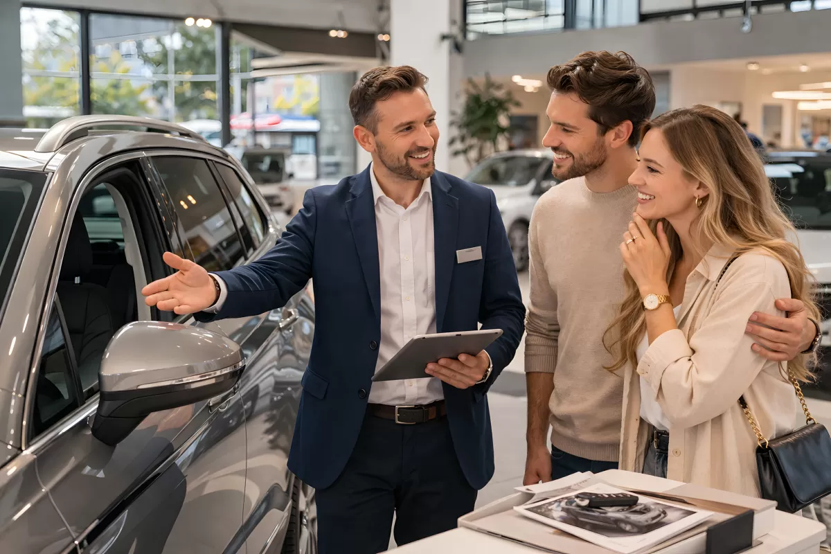 Glückliches Paar beim Autokauf im Autohaus