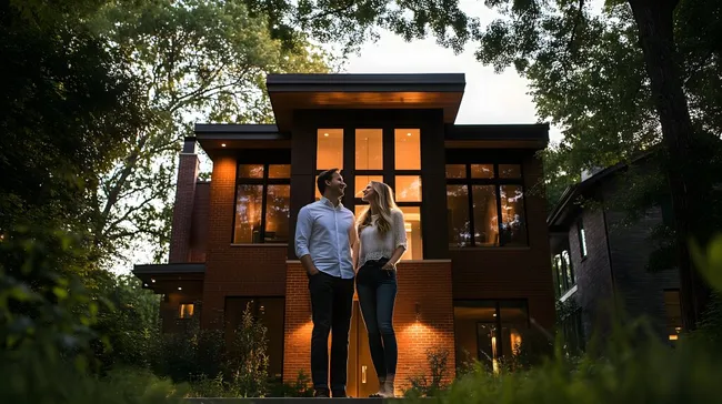 Glückliches Paar vor modernem Haus bei Dämmerung