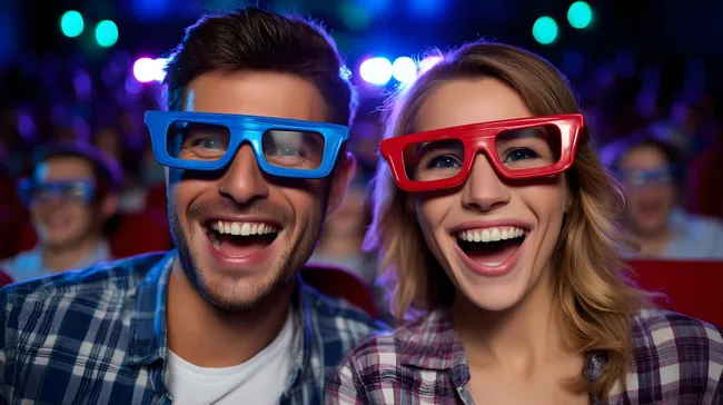 Glückliches Pärchen genießt 3D-Filmvorführung im Kino