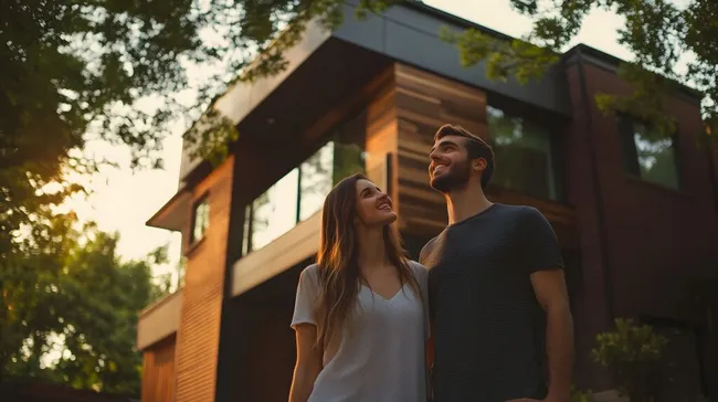 Glückliches Pärchen vor Holzhaus bei Sonnenuntergang