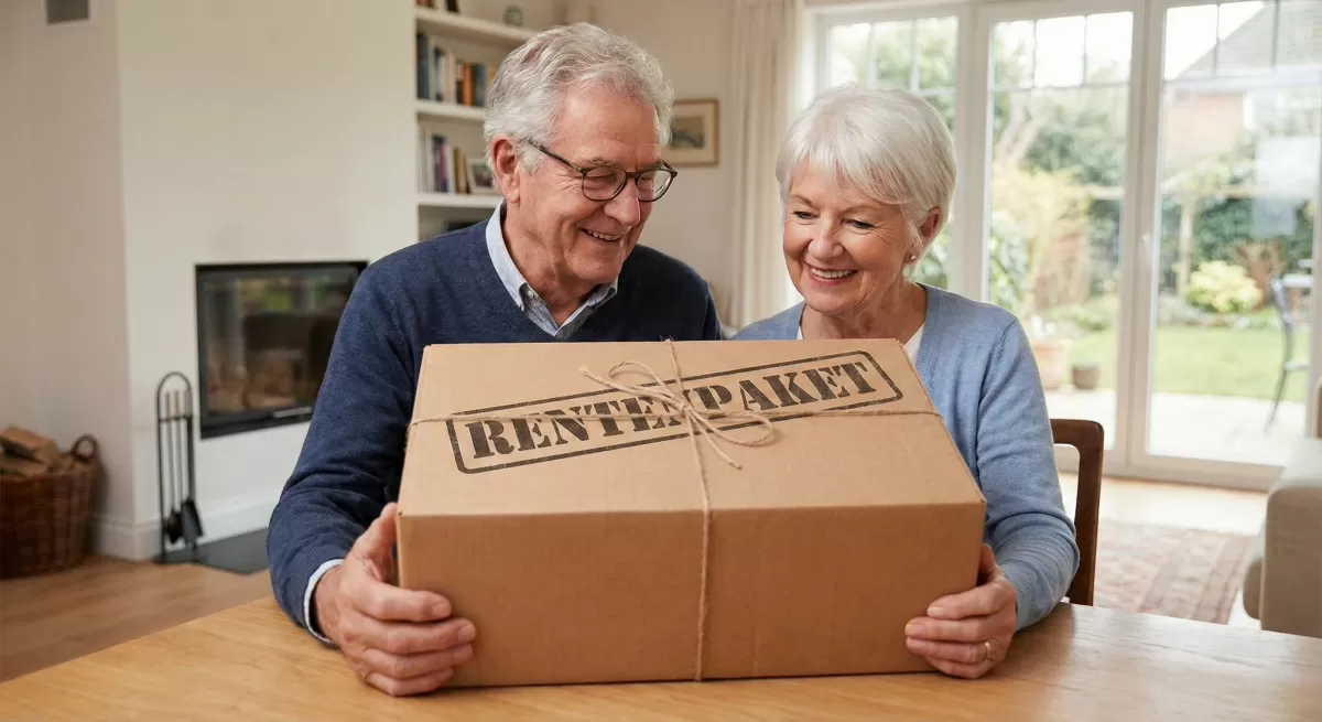 Glückliches Rentnerehepaar öffnet Rentenzuwendungspaket