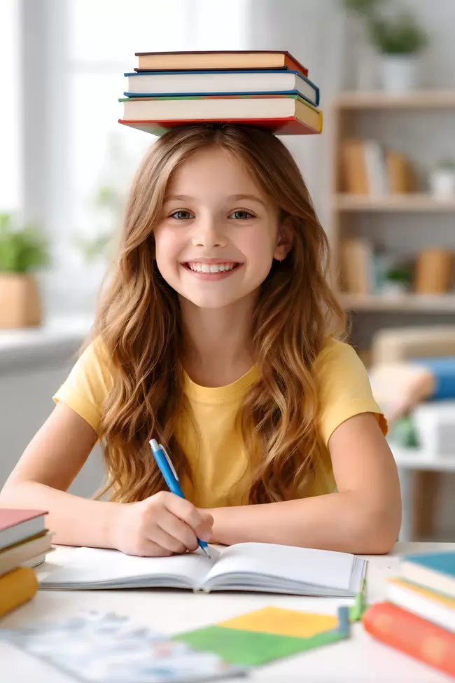 Glückliches Schulmädchen mit Bücherstapel
