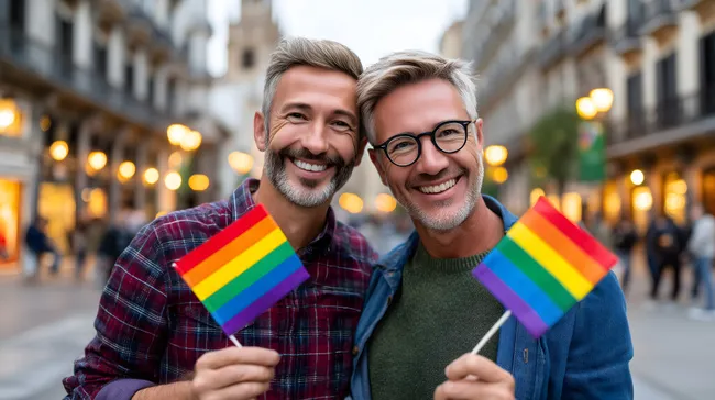 Glückliches schwules Paar feiert den Pride-Monat in der Stadt