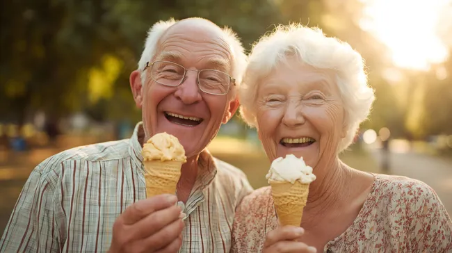 Glückliches Seniorenpaar beim Eiskremessen im Park