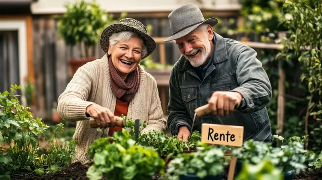 Glückliches Seniorenpaar beim Gärtnern im eigenen Garten