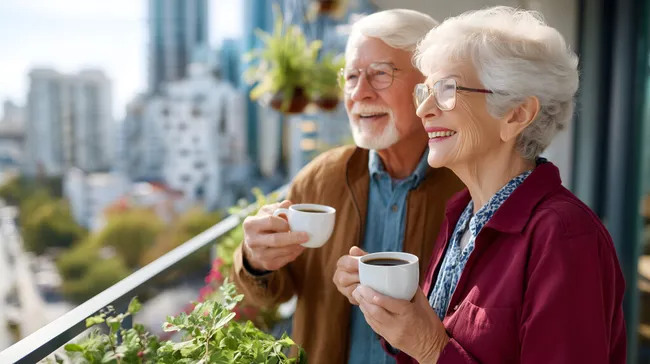 Glückliches Seniorenpaar genießt Kaffee auf sonnigem Balkon