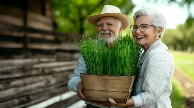 Glückliches Seniorenpaar mit Beet auf Bauernhof