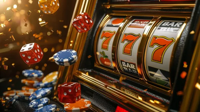 Glückliches Spiel an Spielautomaten mit fallenden Würfeln und Jetons