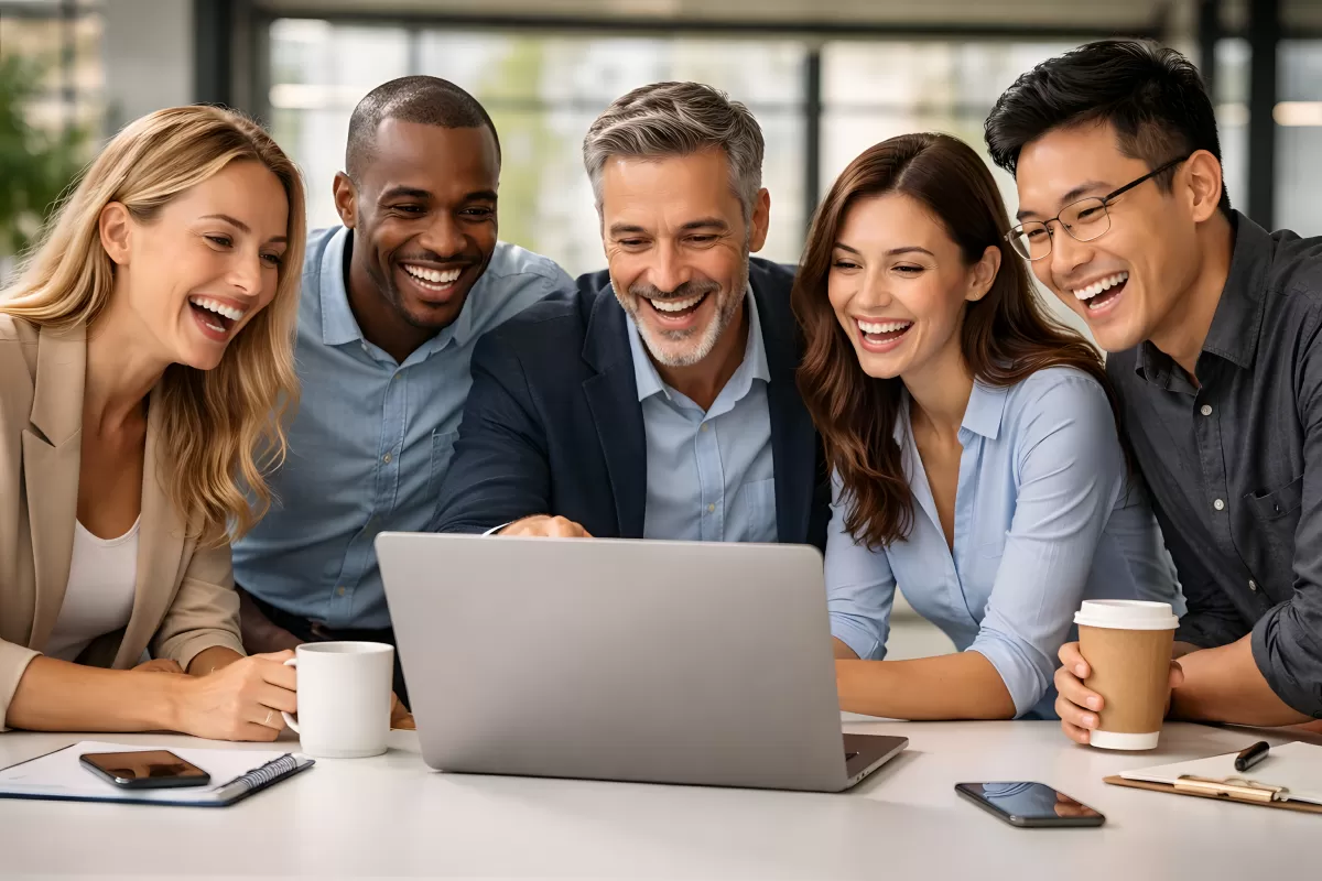 Glückliches Team im Büro beim Arbeiten am Laptop