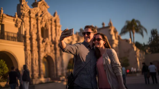 Glückliches Touristenpaar macht Selfie vor historischem Gebäude