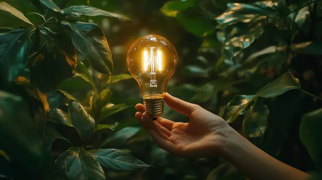 Glühbirne in üppiger Natur - Symbol für grüne Energie