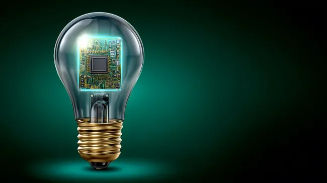 Glühbirne mit Mikrochip-Innenleben auf grünem Hintergrund