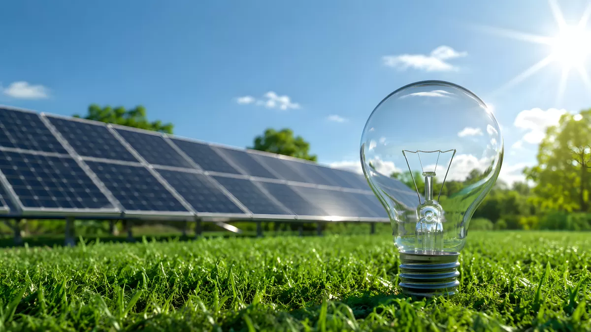 Glühbirne vor Solarpanelen auf grüner Wiese