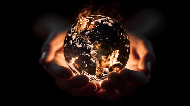 Glühende Erdkugel in menschlichen Händen als Klimawarnung