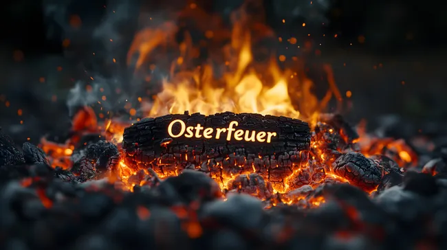 Glühende Holzkohle mit Schriftzug 'Osterfeuer'