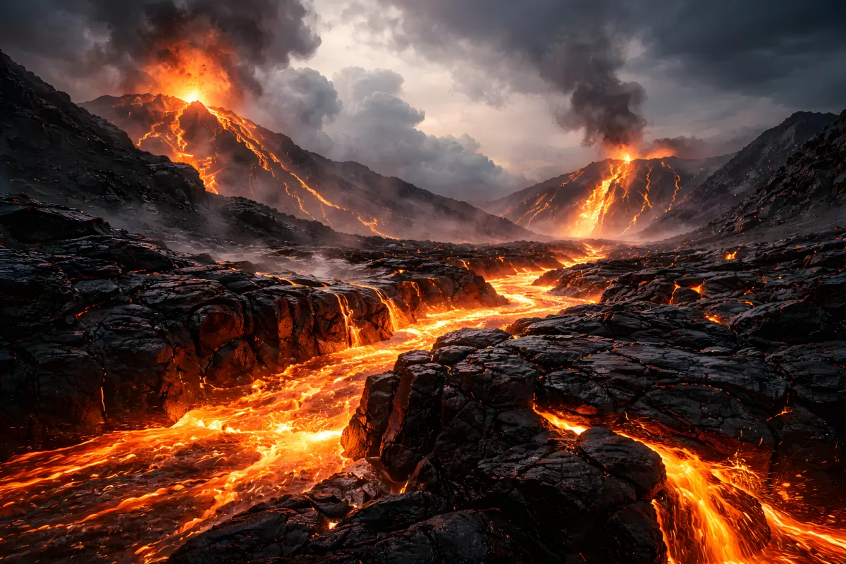 Glühende Lavaströme fließen durch vulkanische Berglandschaft