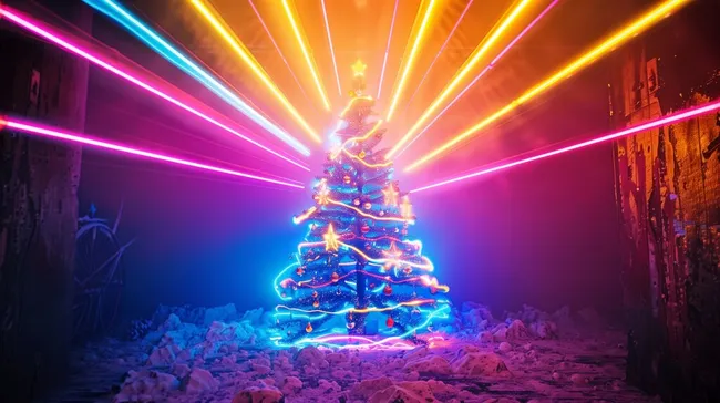 Glühende Weihnachtsbeleuchtung in winterlicher Szene