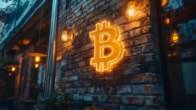 Glühendes Bitcoin-Symbol an rustikaler Backsteinwand