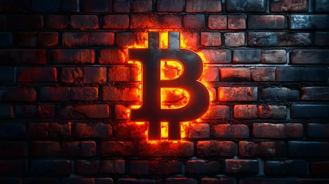 Glühendes Bitcoin-Symbol auf alter Backsteinmauer
