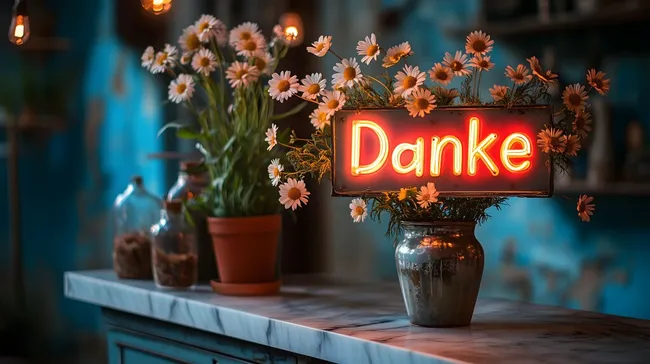 Glühendes Danke-Schild mit bunten Blumen auf Marmor