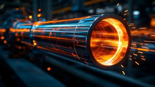 Glühendes Stahlrohr in Industrieproduktion