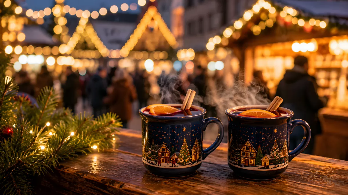 Glühwein auf dem Weihnachtsmarkt im Abendlicht