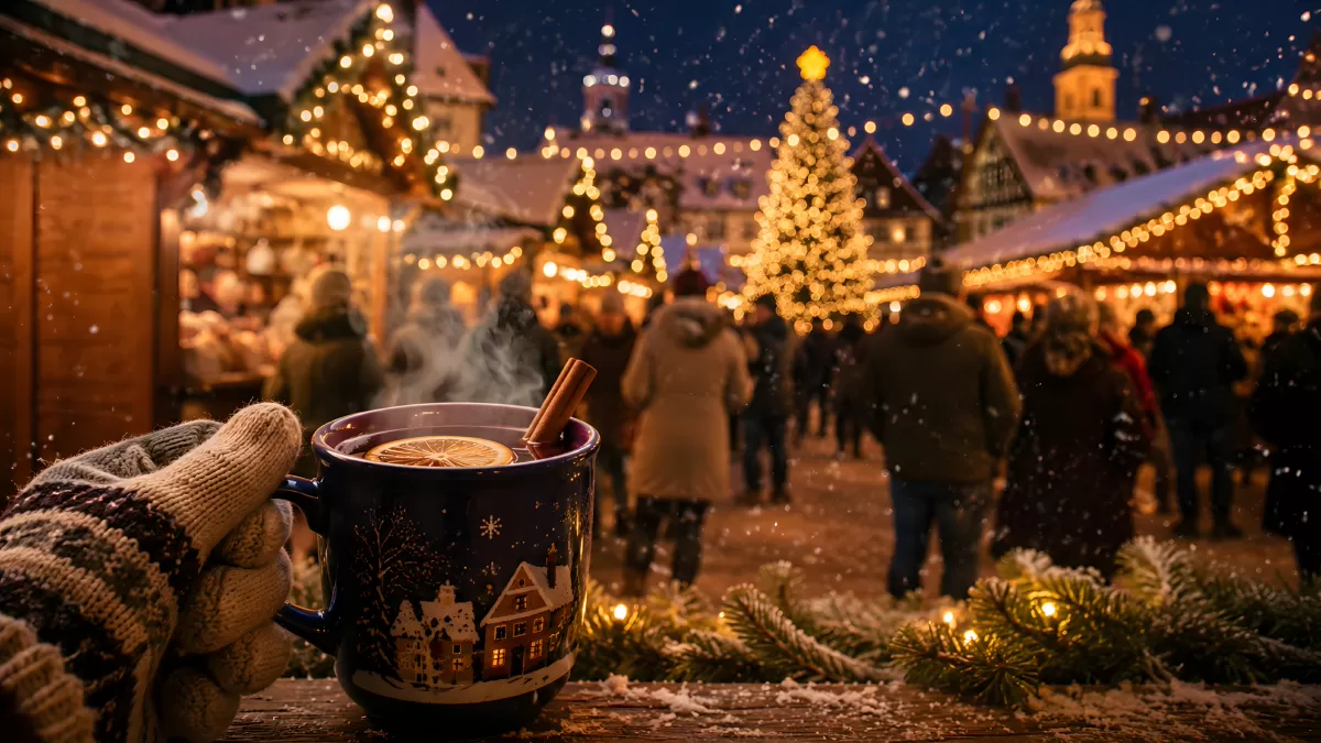 Glühwein auf dem Weihnachtsmarkt im Schneetreiben